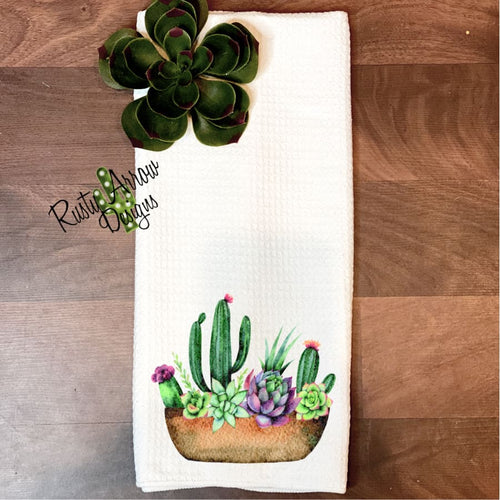 Cactus and Purple Succulents Pot Waffle Weave Tea Towel