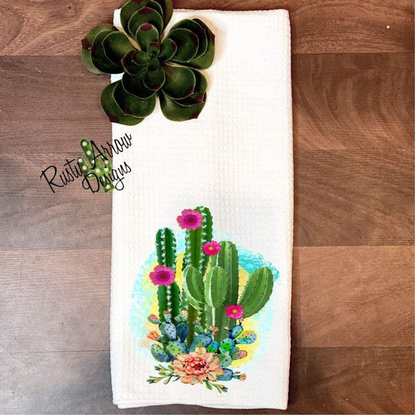 Cactus and Roses Waffle Weave Tea Towel