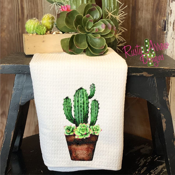 Cactus and Succulents in Terra Cotta Pot Waffle Weave Tea Towel