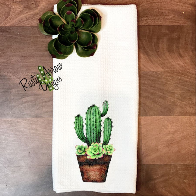 Cactus and Succulents in Terra Cotta Pot Waffle Weave Tea Towel