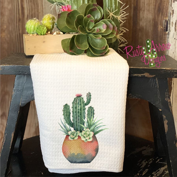 Cactus in Terra Cotta Pot Waffle Weave Tea Towel