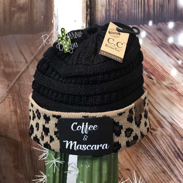 CC Ponytail Black and Cheetah Beanie with Patch - Coffee & Mascara