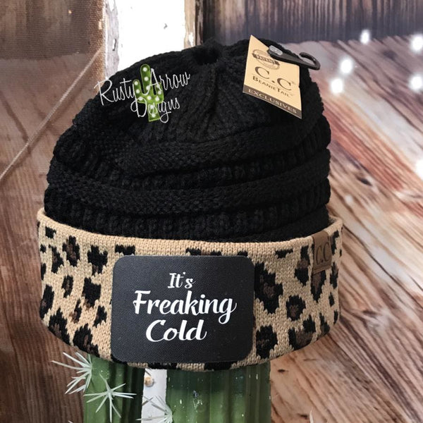 CC Ponytail Black and Cheetah Beanie with Patch - Its Freaking Cold