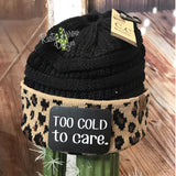 CC Ponytail Black and Cheetah Beanie with Patch - Too Cold to Care