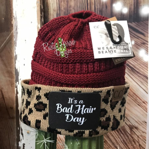 CC Ponytail Burgundy and Cheetah Beanie with Patch