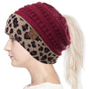 CC Ponytail Burgundy and Cheetah Beanie with Patch