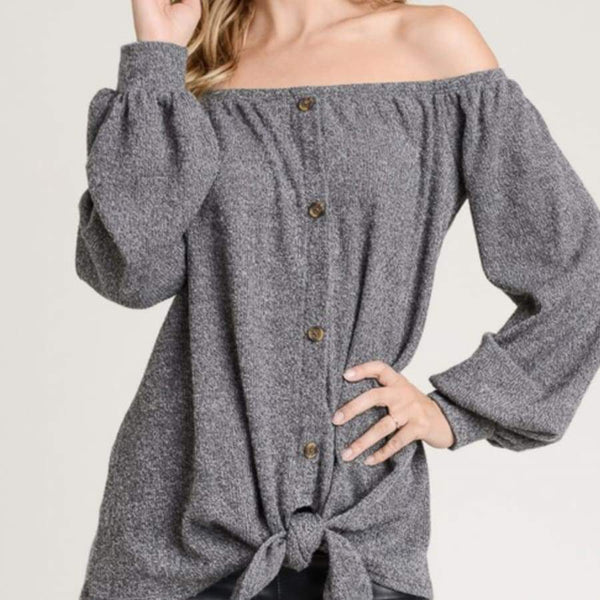 Charcoal Gray Button front off the shoulders top - Tee Shirt