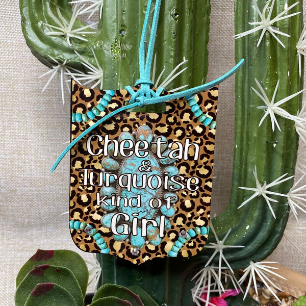 Cheetah and Turquoise Girl Rear View Mirror Charm Bag Tag or Christmas Ornament