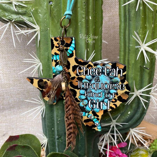 Cheetah and Turquoise Girl Texas Rear view mirror charm Rear view mirror accessories Rear view mirror accessory rear view mirror ornament