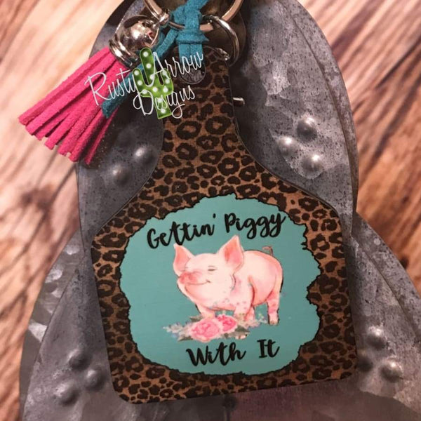 Cheetah Gettin Piggy with it Livestock Ear Tag Key Chain