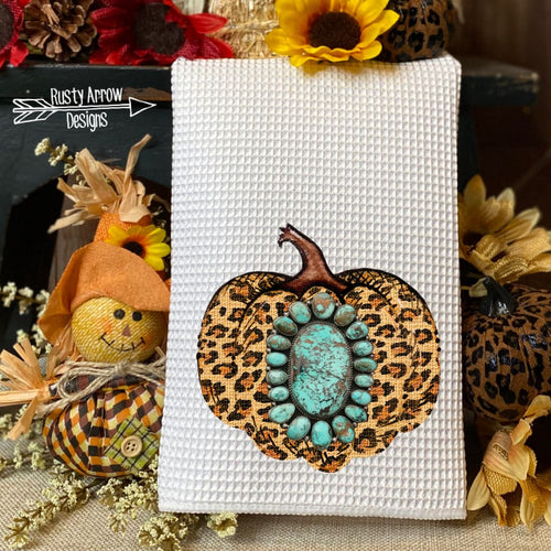 Cheetah Turquoise Stone Pumpkin Waffle Weave Tea Towel