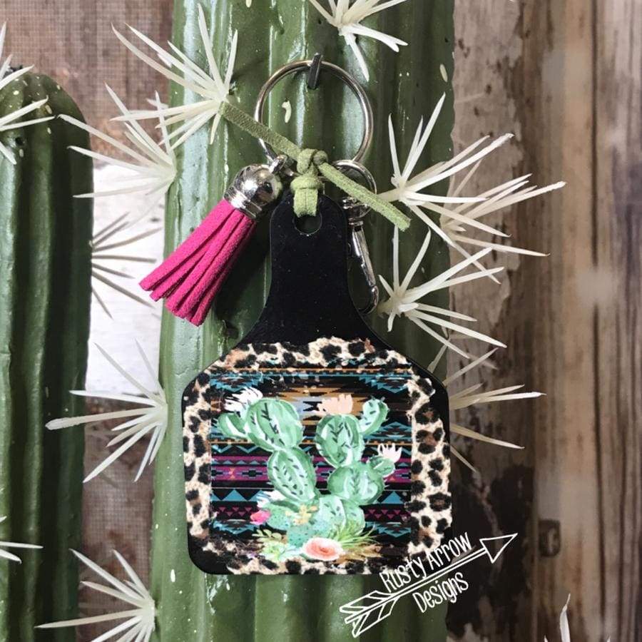 Rusty Key Chain Rusty Arrow Designs - Cheetah Watercolor Cactus Livestock Ear Tag Key Chain