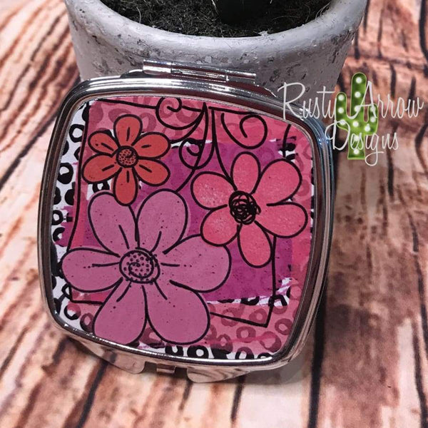 Compact Mirror - Black dots and Pink Flowers - Compact Mirror