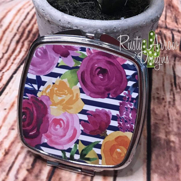 Compact Mirror - Blue and white stripe with pink flowers - Compact Mirror