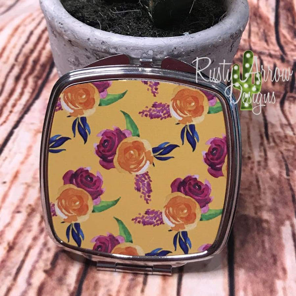 Compact Mirror - Yellow with Pink flowers - Compact Mirror