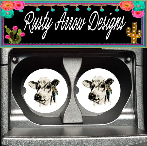 Cow with Feathers Set of 2 Car Coasters - Car Coasters