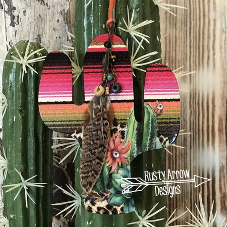 Serape Cheetah Cactus Rear View Mirror Charm, Bag Tag, or Christmas Ornament
