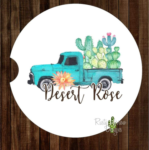 Desert Rose Vintage truck with Cactus Set of 2 Car Coasters - Car Coasters
