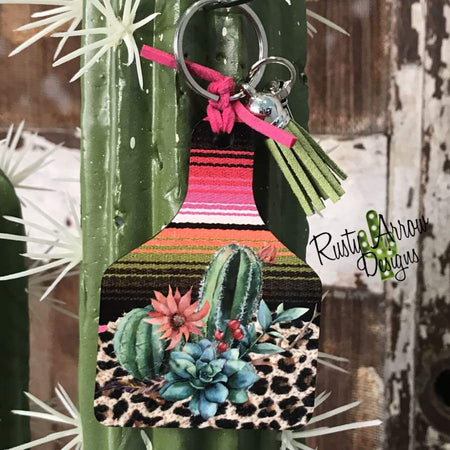 Cheetah Purple Cactus Livestock Ear Tag Key chain