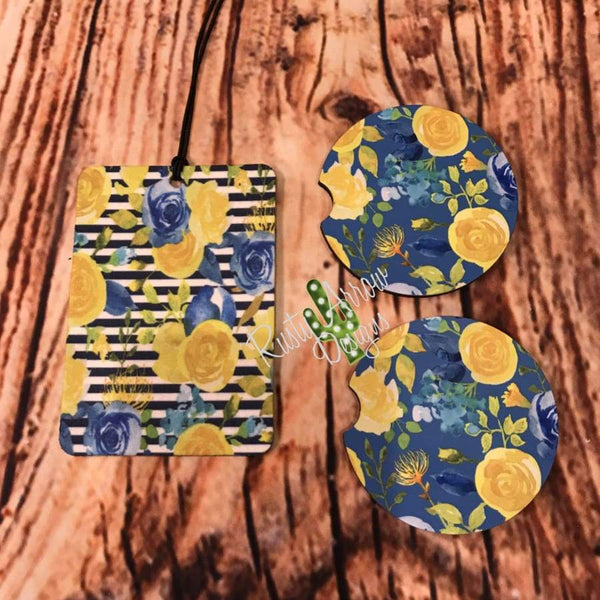 Floral and Stripes Air Freshener and Coaster Set Blue 2 - Air Freshener