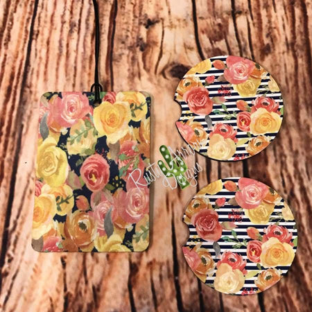 Floral and Stripes Air Freshener and Coaster Set Pink 2