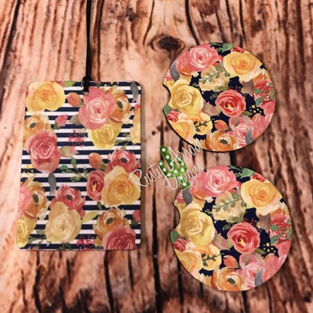 Floral and Stripes Air Freshener and Coaster Set Pink 2