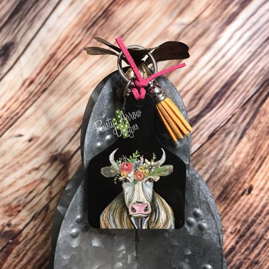 Rusty Key Chain Rusty Arrow Designs - Floral Cow Livestock Ear Tag Key chain