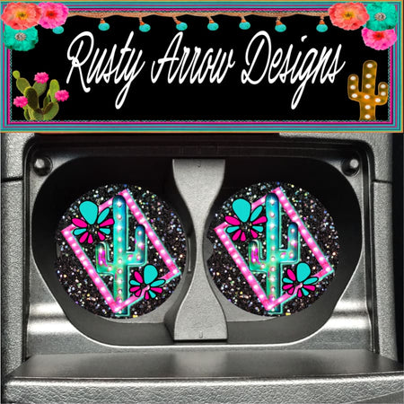 Turquoise and Purple Cactus Set of 2 Car Coasters
