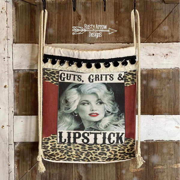 Guts Grits and Lipstick Linen Drawstring Backpack