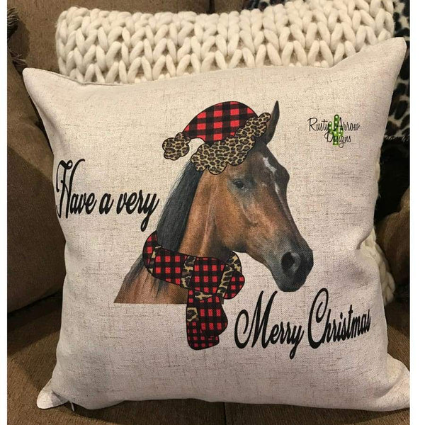 Have a Very Merry Christmas Horse w/ Buffalo plaid and Cheetah Hat Decorative Throw Pillow - Pillow