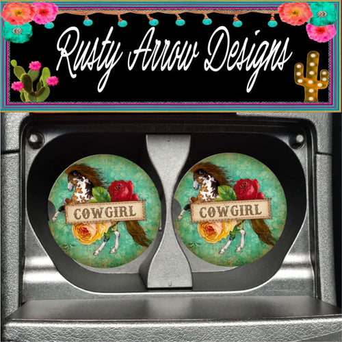 Horses and Cowgirls Set of 2 Car Coasters - Car Coasters
