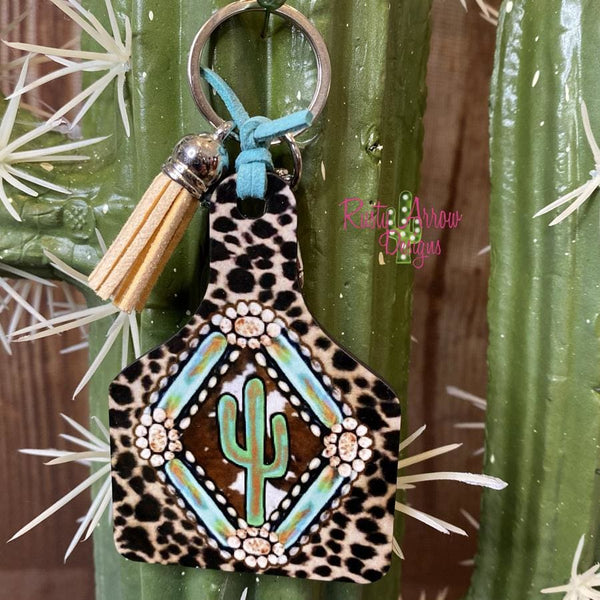 Leopard Cactus Livestock Ear Tag Keychain