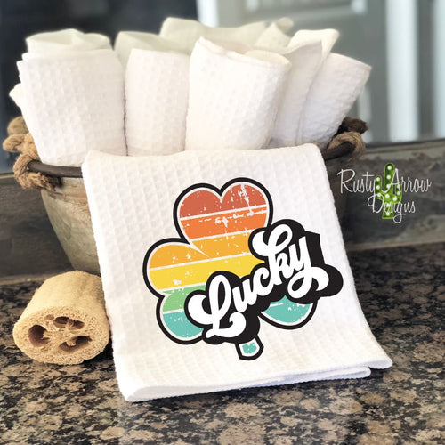Lucky Rainbow Clover Pot Waffle Weave Tea Towel