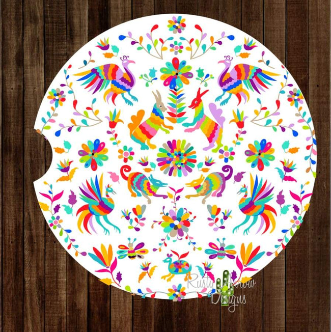 Multi Otomi Birds White Set of 2 Car Coasters - Car Coasters