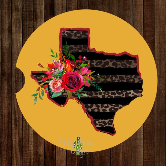 Mustard Cheetah and Red Texas with Flowers Set of 2 Car Coasters - Car Coasters