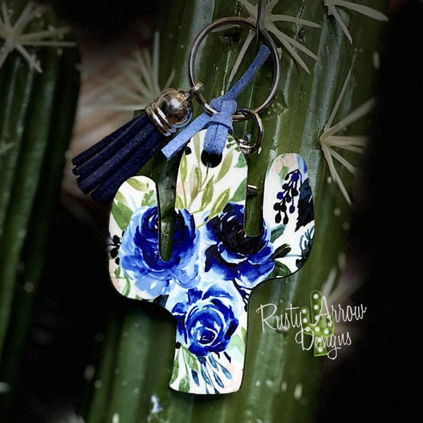 Navy Blue Flowers Cactus Key Chain