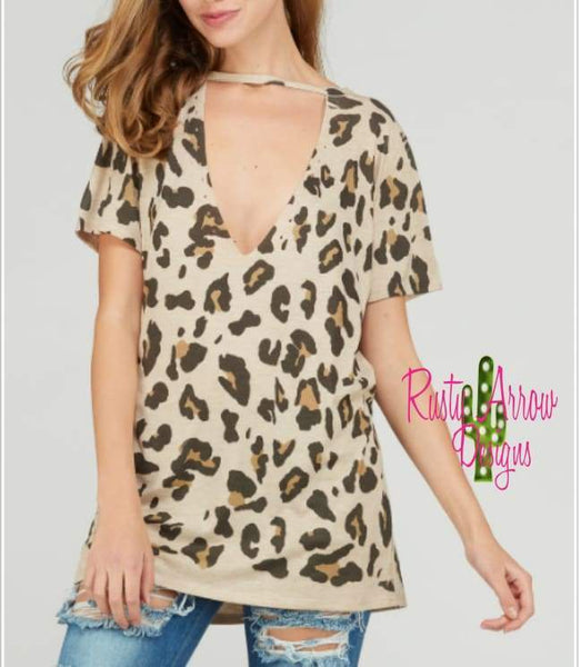 Oatmeal Leopard Print Choker Neck Top - Tee Shirt