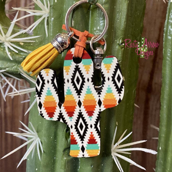 Orange and Turquoise Aztec Cactus Key Chain