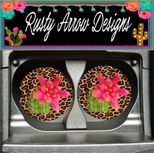 Pink Cactus & Cheetah Set of 2 Car Coasters - Car Coasters