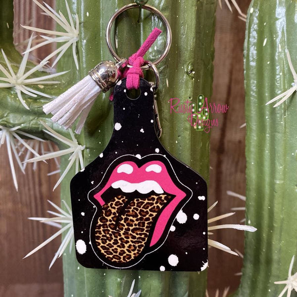 Pink Tongue Out Livestock Ear Tag Keychain