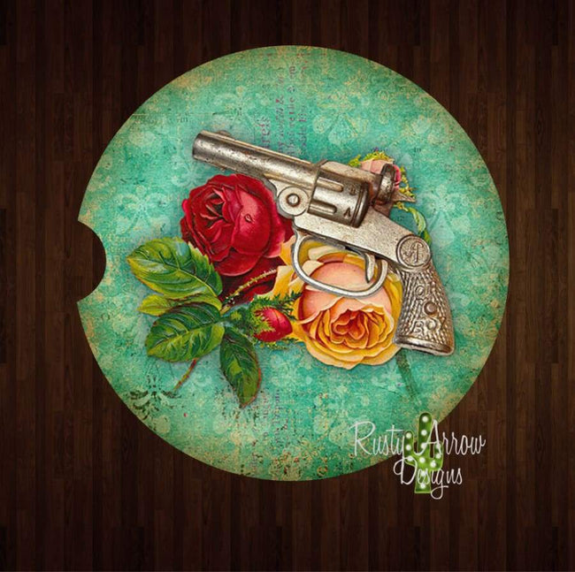 Pistol and Roses Set of 2 Car Coasters - Car Coasters