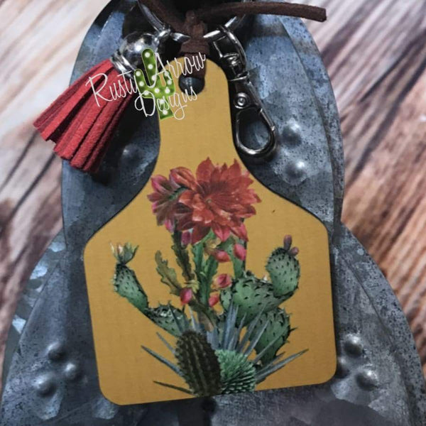 Red Bloom Cactus Plant Livestock Ear Tag Key Chain