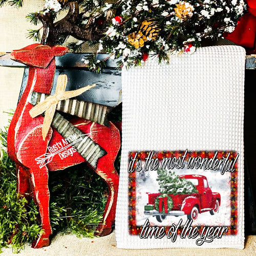 Red Truck Wonderful time of the Year Waffle Weave Tea Towel