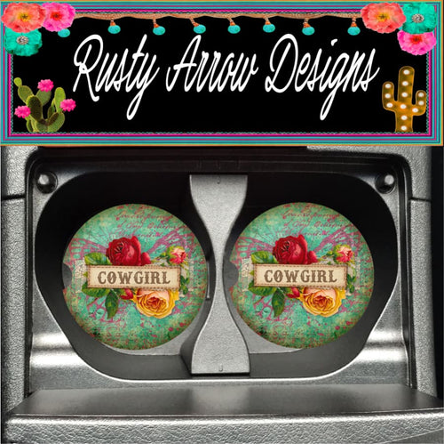 Roses and Cowgirls Set of 2 Car Coasters - Car Coasters
