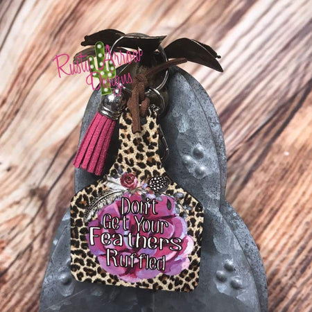 Black and White Stripe Pink Roses Livestock Ear Tag Key Chain