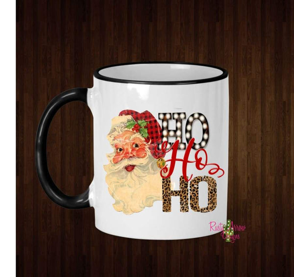 Santa Buffalo Plaid and Cheetah Ho Ho Ho Coffee Mug - 11 Oz Ceramic mug with black handle - Mug