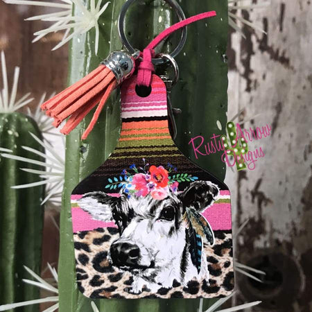 Black white Aztec Cactus Livestock Ear Tag Key chain
