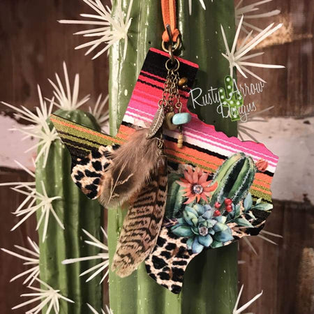 Watercolor Cheetah Cactus Texas Rear View Mirror Hanger, Christmas Ornament, Bag Tag