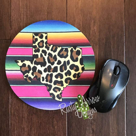 Black w Cheetah and Red Texas 8" Neoprene Round Mouse Pad