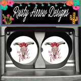 Skull with Red Roses Wild and Free Set of 2 Car Coasters - Car Coasters